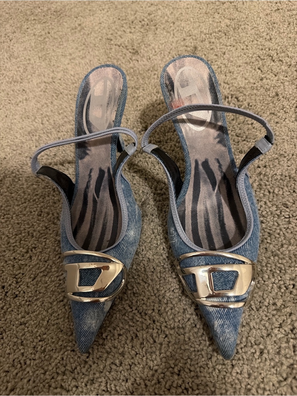 Diesel Blue Denim Pointed Slingback Heels with Gold Buckle